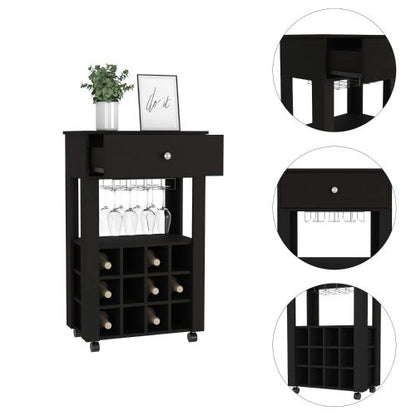 Bar Cart, Twelve Built-in Wine Rack, Four Legs, One Open Shelf -Black