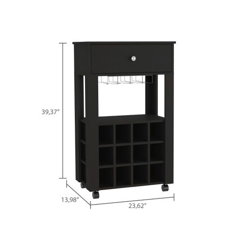 Bar Cart, Twelve Built-in Wine Rack, Four Legs, One Open Shelf -Black