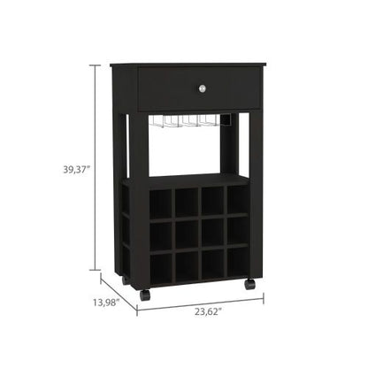 Bar Cart, Twelve Built-in Wine Rack, Four Legs, One Open Shelf -Black