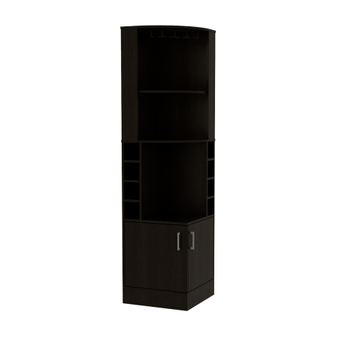 Corner bar cabinet 71 inch H, with two shelves at the top, 1 glass holder, 8 exterior bottle racks, 1 central shelf and a lower drawer with 2 side doors, black