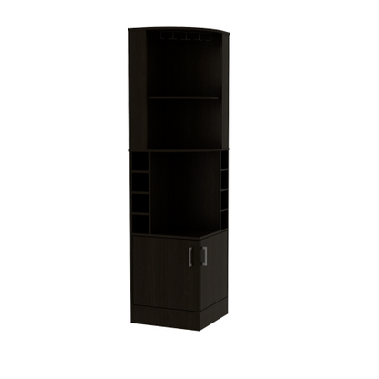 Corner bar cabinet 71 inch H, with two shelves at the top, 1 glass holder, 8 exterior bottle racks, 1 central shelf and a lower drawer with 2 side doors, black