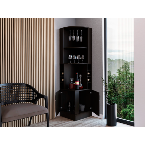 Corner bar cabinet 71 inch H, with two shelves at the top, 1 glass holder, 8 exterior bottle racks, 1 central shelf and a lower drawer with 2 side doors, black