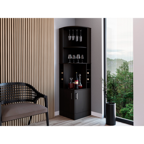 Corner bar cabinet 71 inch H, with two shelves at the top, 1 glass holder, 8 exterior bottle racks, 1 central shelf and a lower drawer with 2 side doors, black