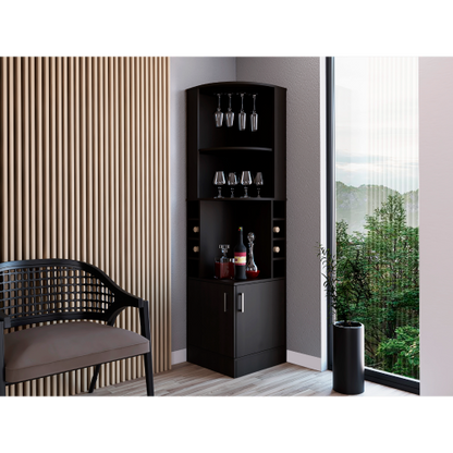 Corner bar cabinet 71 inch H, with two shelves at the top, 1 glass holder, 8 exterior bottle racks, 1 central shelf and a lower drawer with 2 side doors, black