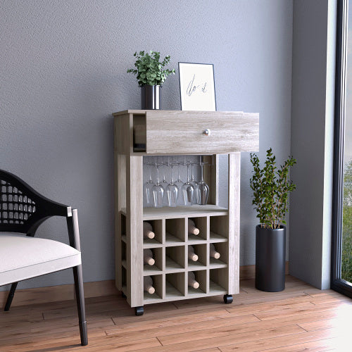 Bar Cart, Twelve Built-in Wine Rack, Four Legs, One Open Shelf -Light Gray