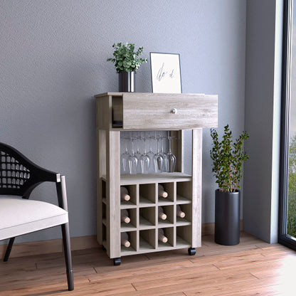 Bar Cart, Twelve Built-in Wine Rack, Four Legs, One Open Shelf -Light Gray