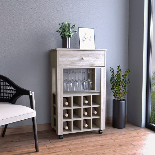 Bar Cart, Twelve Built-in Wine Rack, Four Legs, One Open Shelf -Light Gray