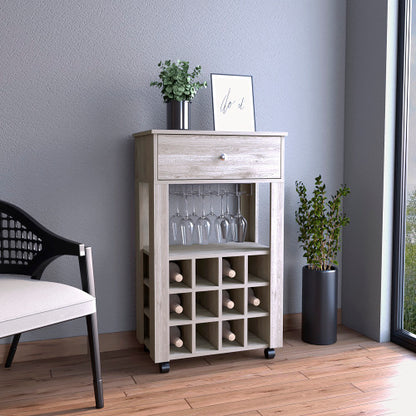 Bar Cart, Twelve Built-in Wine Rack, Four Legs, One Open Shelf -Light Gray