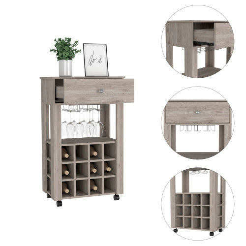 Bar Cart, Twelve Built-in Wine Rack, Four Legs, One Open Shelf -Light Gray