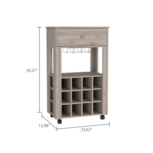 Bar Cart, Twelve Built-in Wine Rack, Four Legs, One Open Shelf -Light Gray