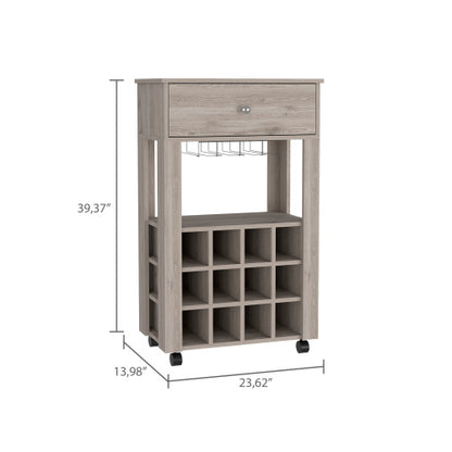 Bar Cart, Twelve Built-in Wine Rack, Four Legs, One Open Shelf -Light Gray