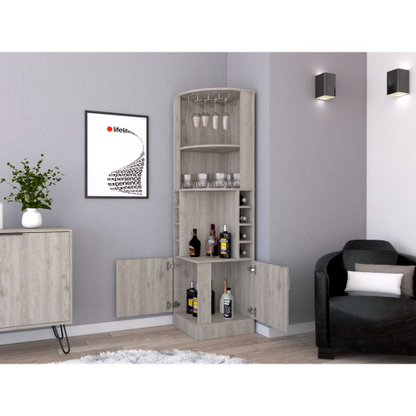 Corner bar cabinet 71 inch H, with two shelves at the top, 1 glass holder, 8 exterior bottle racks, 1 central shelf and a lower drawer with 2 side doors, light gray