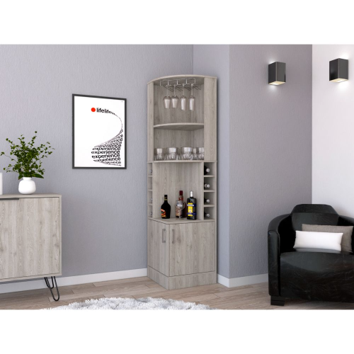 Corner bar cabinet 71 inch H, with two shelves at the top, 1 glass holder, 8 exterior bottle racks, 1 central shelf and a lower drawer with 2 side doors, light gray