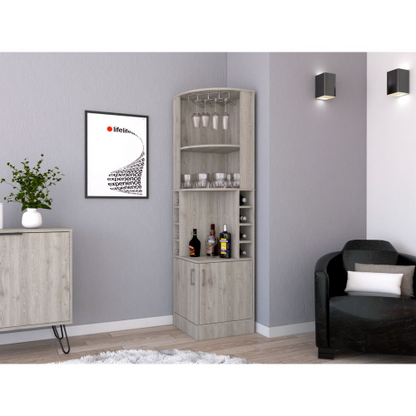 Corner bar cabinet 71 inch H, with two shelves at the top, 1 glass holder, 8 exterior bottle racks, 1 central shelf and a lower drawer with 2 side doors, light gray