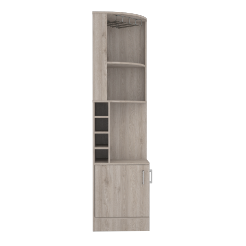 Corner bar cabinet 71 inch H, with two shelves at the top, 1 glass holder, 8 exterior bottle racks, 1 central shelf and a lower drawer with 2 side doors, light gray