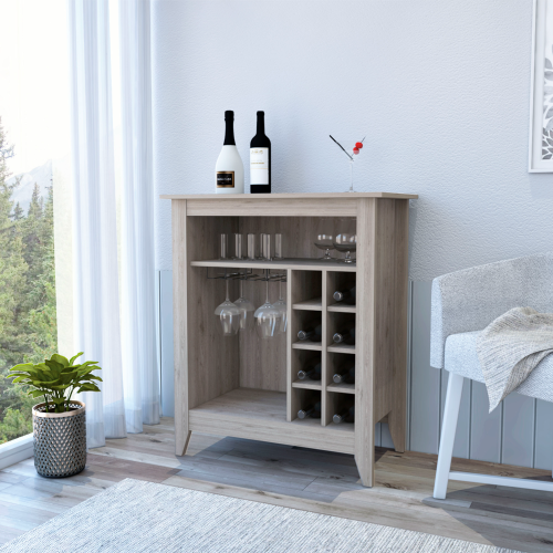 Bar- coffee cart 38 inch H, Kitchen or living room cabinet storage, with 8 bottle racks, a central shelf with  1 Cup holders, ideal for storing glasses, Light Gray