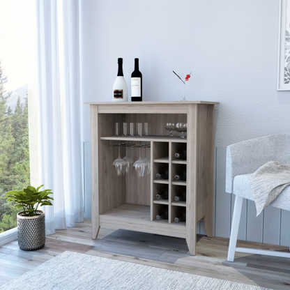 Bar- coffee cart 38 inch H, Kitchen or living room cabinet storage, with 8 bottle racks, a central shelf with  1 Cup holders, ideal for storing glasses, Light Gray
