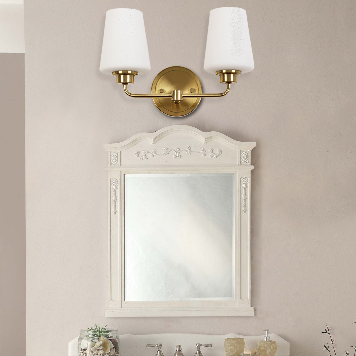 2-Light White Plus Gold Bathroom Vanity Light with Shade