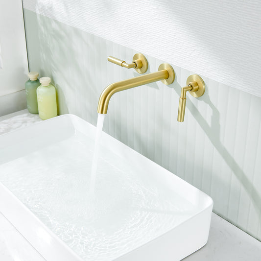 3-Hole 2-Handles Brass Wall-Mount Bathroom Faucet in Brushed Gold