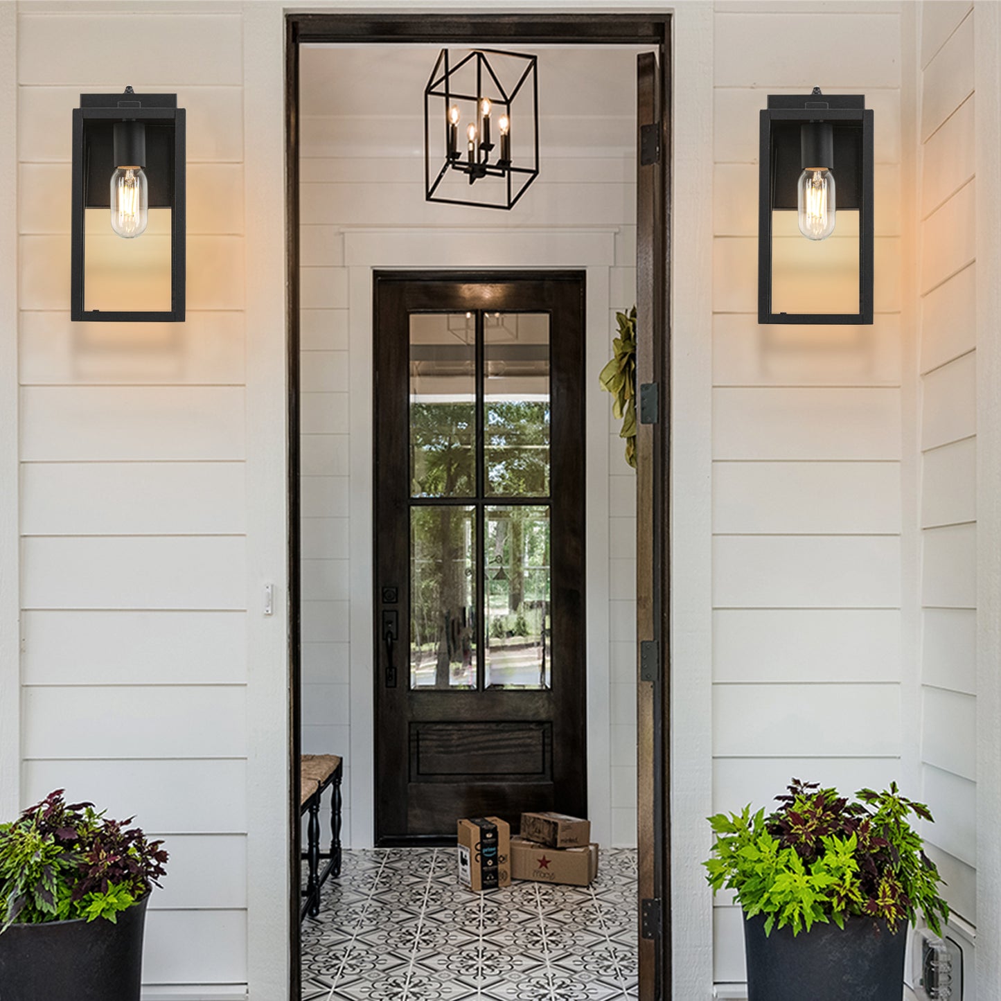 Dusk to Dawn Sensor Outdoor Wall Light, Waterproof Outdoor Wall Lamps, Wall Sconce with Seeded Glass, Matte Black