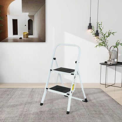 2-Step White Iron Ladder Foldable Non-slip Outdoor Ladder Loading 330 lbs. for Home, Kitchen, Office