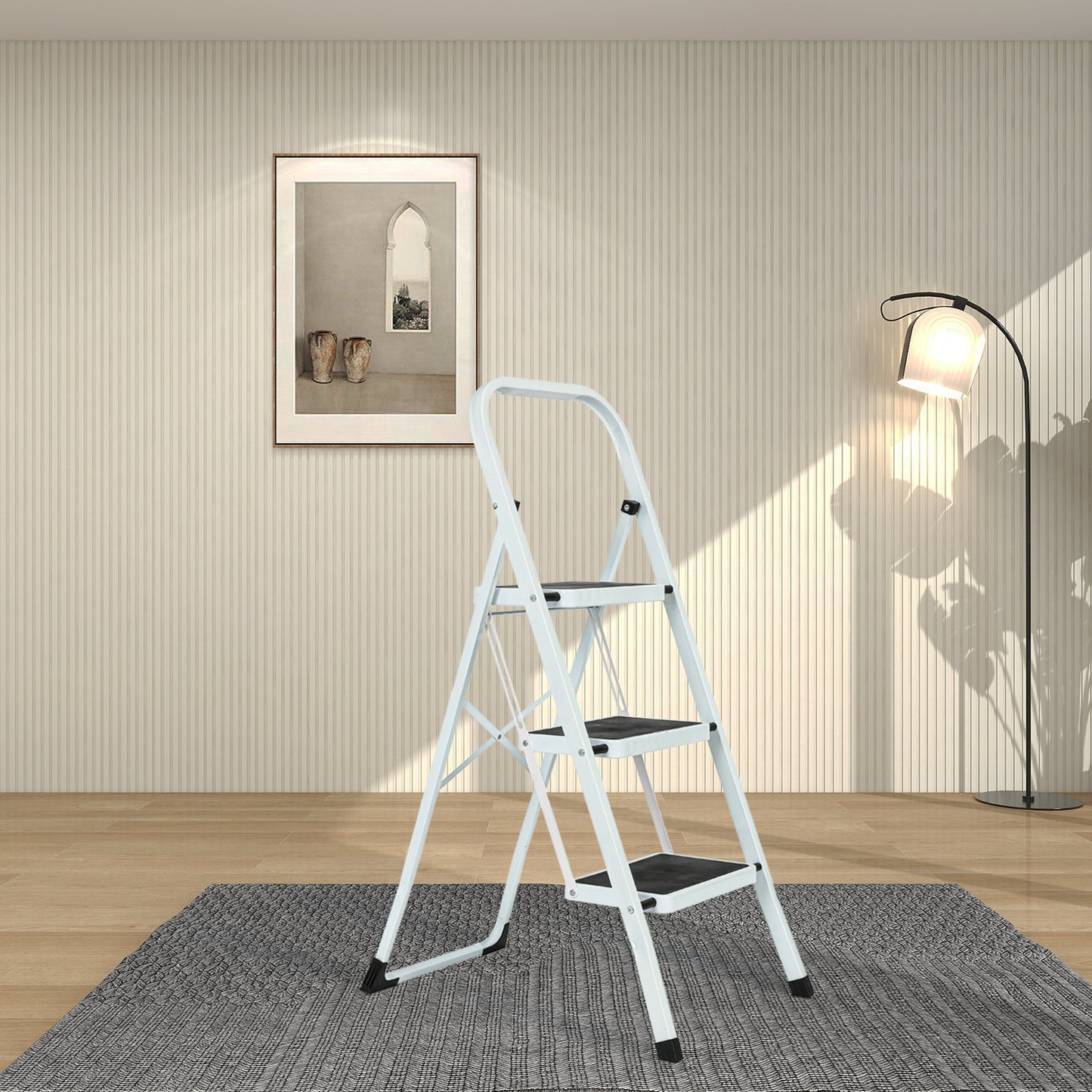 3-Step Iron Folding Step Stool Ladder 330 lbs. Load Capacity Type IA Duty Rating (5.51 ft. Reach Height), White