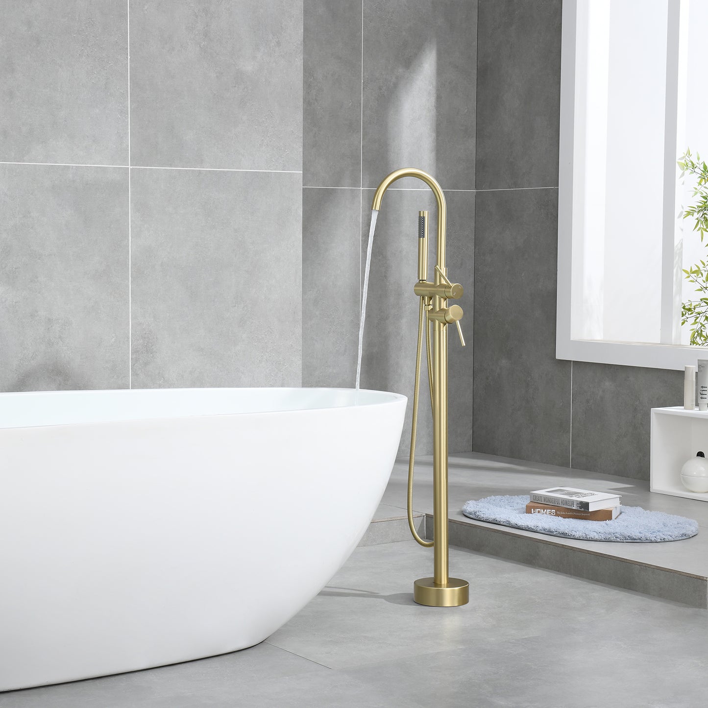 Single-Handle Free Standing Claw Foot Freestanding Tub Faucet with Handheld Shower in Brushed Gold