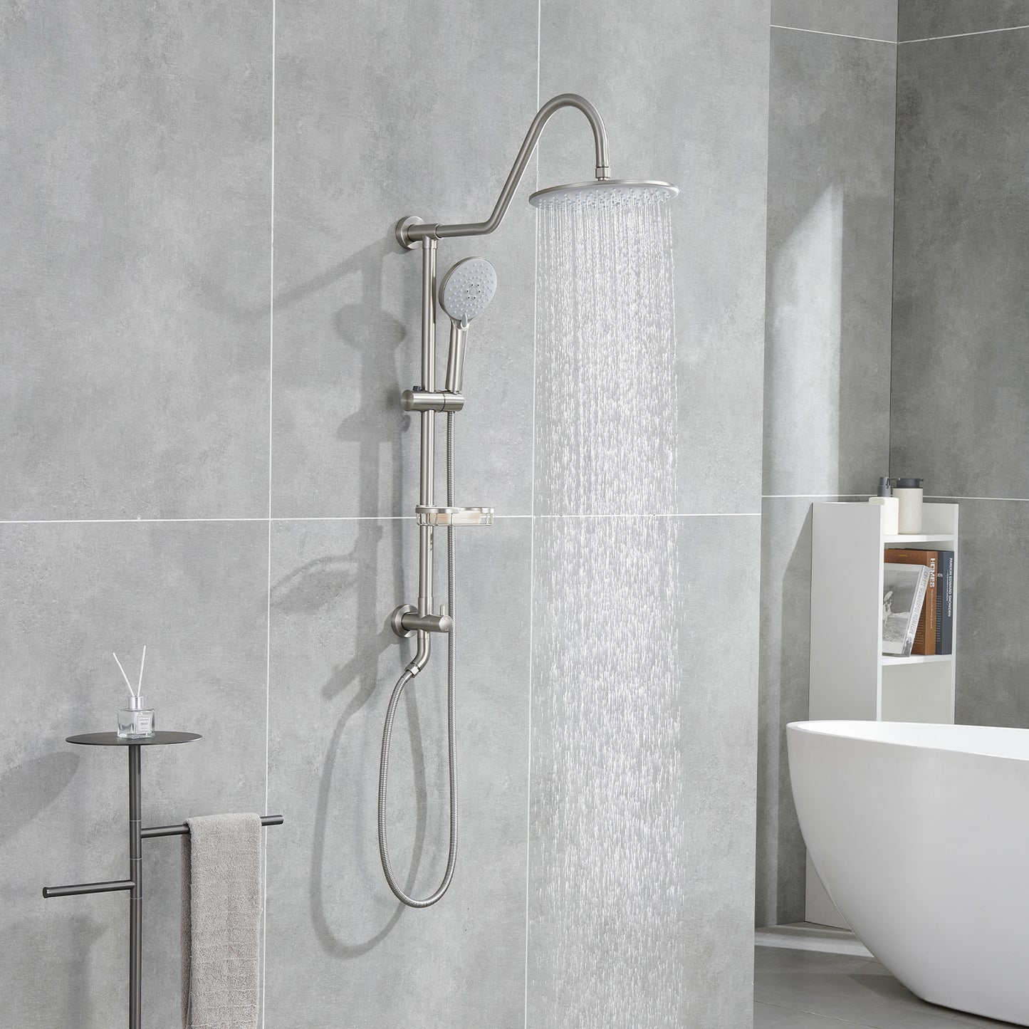 5 -Spray Patterns 8 in. 2.5 GPM Rain Wall Mount Dual Shower Heads with Handheld Shower System in Brushed Nickel