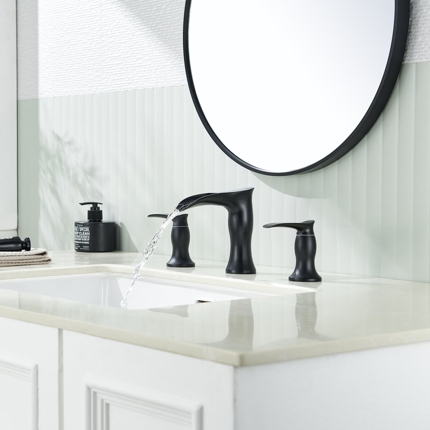 8 in. Widespread Waterfall 2-Handles 3-Holes Bathroom Faucet Lavatory Vanity Sink Faucet in Matte Black