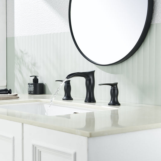 8 in. Widespread Waterfall 2-Handles 3-Holes Bathroom Faucet Lavatory Vanity Sink Faucet in Matte Black