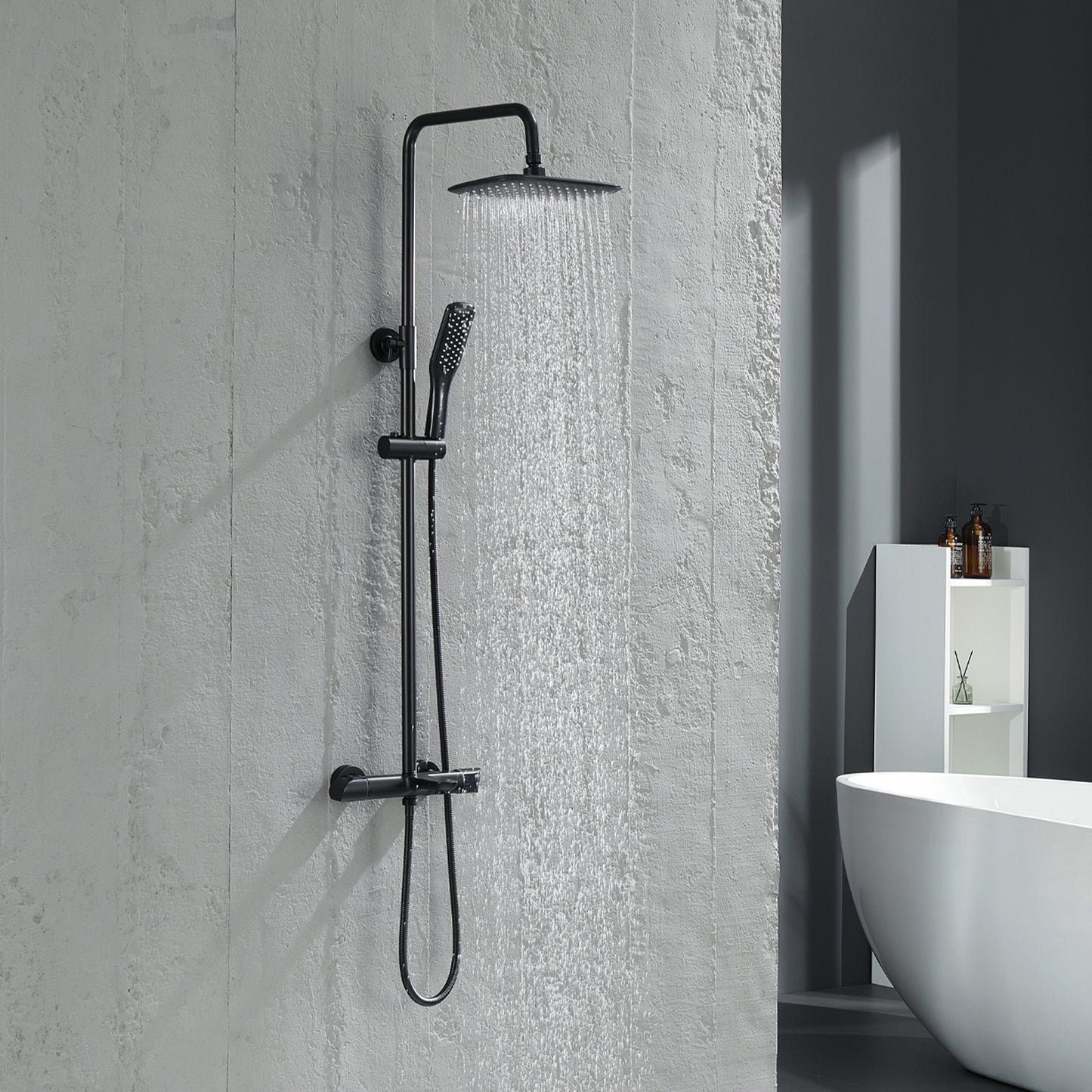 Modern Wall Bar Shower Kit 1-Spray 10 in. Square Rain Shower Head with Hand Shower in Matt Black