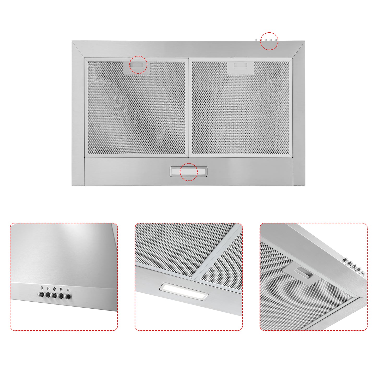 Three-Speed Range Hood 30 Inch Wall Mounted Range Hoods, Convertible Duct/Ductless Kitchen Hood, Max 450 Cfm, Black, Stainless Steel, Aluminum Filters, Led Light, Button Control Vent Hood (Silver)