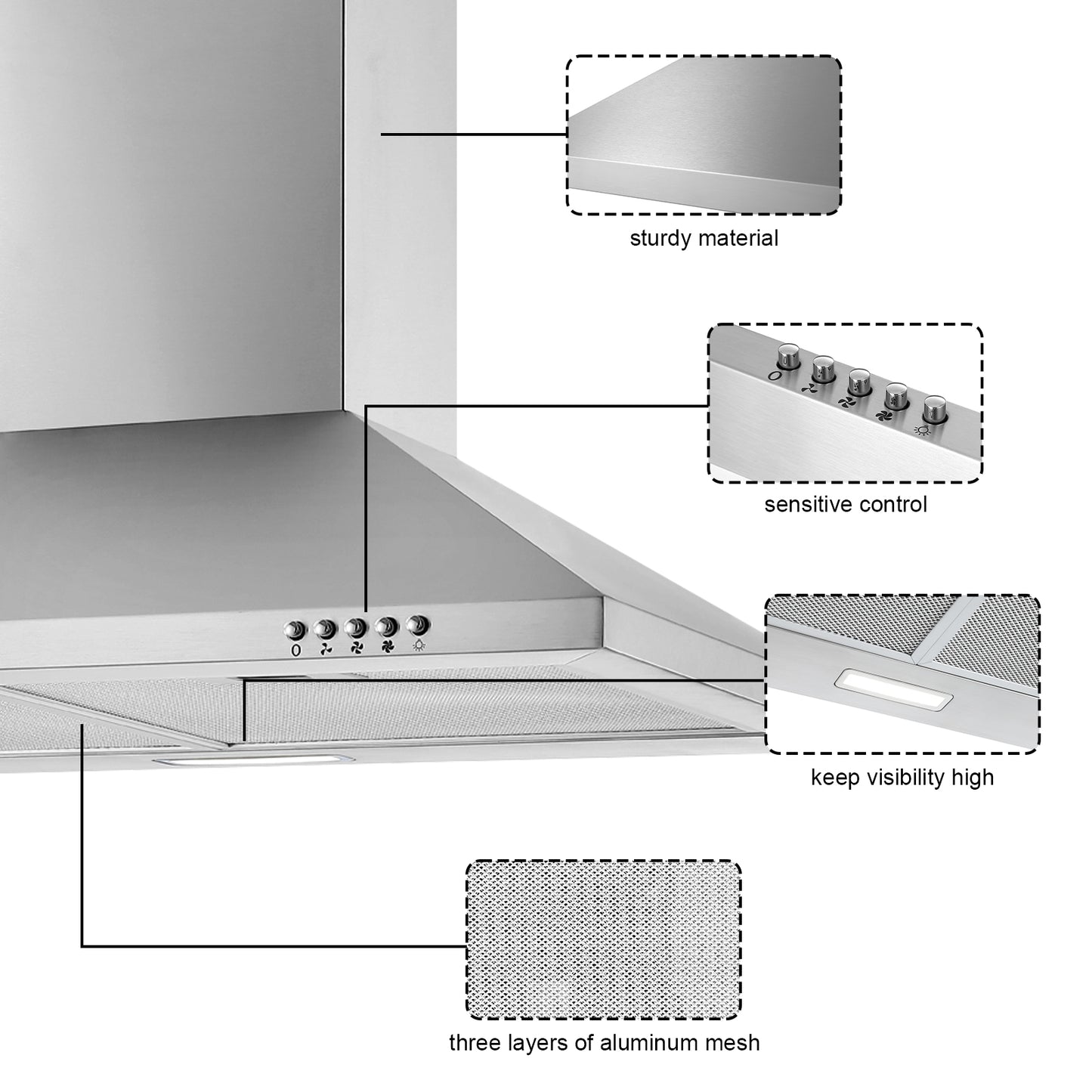 Three-Speed Range Hood 30 Inch Wall Mounted Range Hoods, Convertible Duct/Ductless Kitchen Hood, Max 450 Cfm, Black, Stainless Steel, Aluminum Filters, Led Light, Button Control Vent Hood (Silver)
