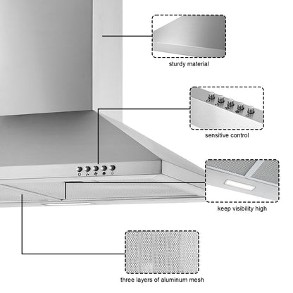 Three-Speed Range Hood 30 Inch Wall Mounted Range Hoods, Convertible Duct/Ductless Kitchen Hood, Max 450 Cfm, Black, Stainless Steel, Aluminum Filters, Led Light, Button Control Vent Hood (Silver)