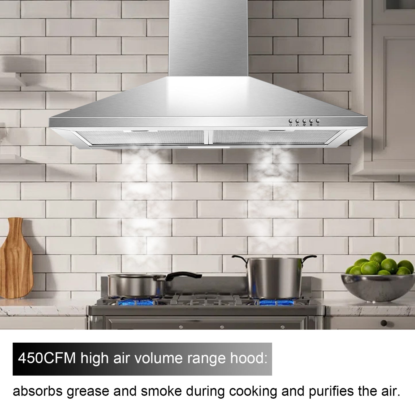 Three-Speed Range Hood 30 Inch Wall Mounted Range Hoods, Convertible Duct/Ductless Kitchen Hood, Max 450 Cfm, Black, Stainless Steel, Aluminum Filters, Led Light, Button Control Vent Hood (Silver)