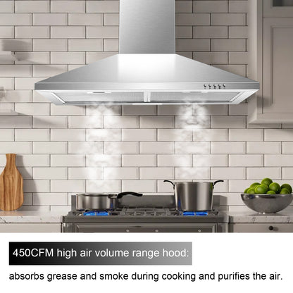 Three-Speed Range Hood 30 Inch Wall Mounted Range Hoods, Convertible Duct/Ductless Kitchen Hood, Max 450 Cfm, Black, Stainless Steel, Aluminum Filters, Led Light, Button Control Vent Hood (Silver)