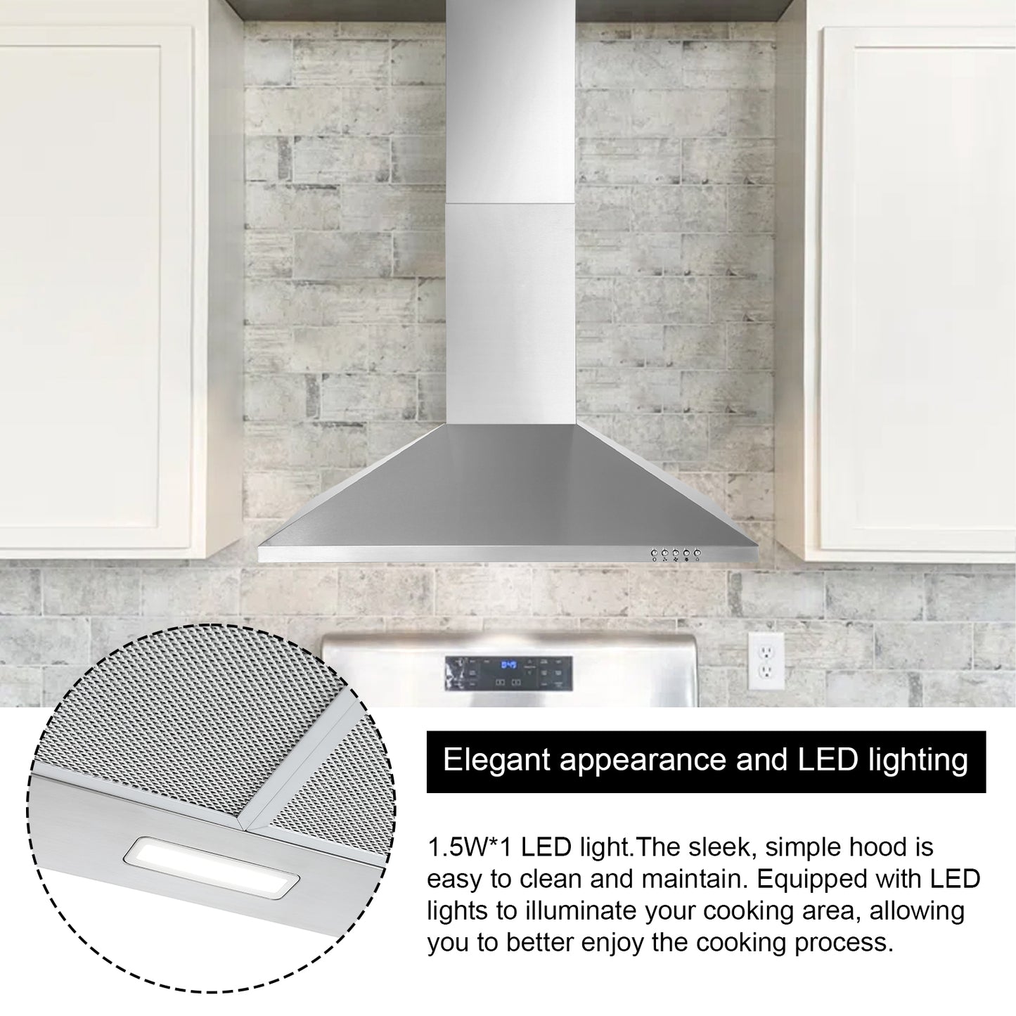 Three-Speed Range Hood 30 Inch Wall Mounted Range Hoods, Convertible Duct/Ductless Kitchen Hood, Max 450 Cfm, Black, Stainless Steel, Aluminum Filters, Led Light, Button Control Vent Hood (Silver)
