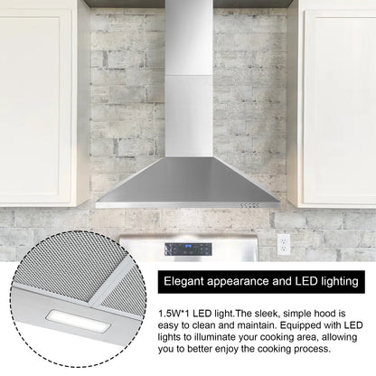 Three-Speed Range Hood 30 Inch Wall Mounted Range Hoods, Convertible Duct/Ductless Kitchen Hood, Max 450 Cfm, Black, Stainless Steel, Aluminum Filters, Led Light, Button Control Vent Hood (Silver)
