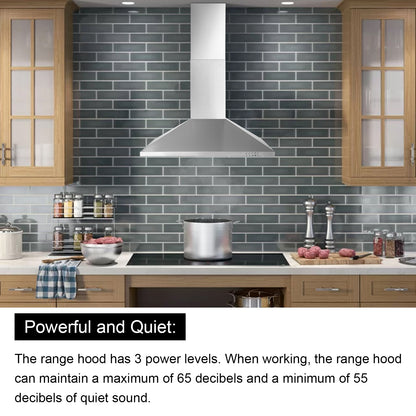 Three-Speed Range Hood 30 Inch Wall Mounted Range Hoods, Convertible Duct/Ductless Kitchen Hood, Max 450 Cfm, Black, Stainless Steel, Aluminum Filters, Led Light, Button Control Vent Hood (Silver)