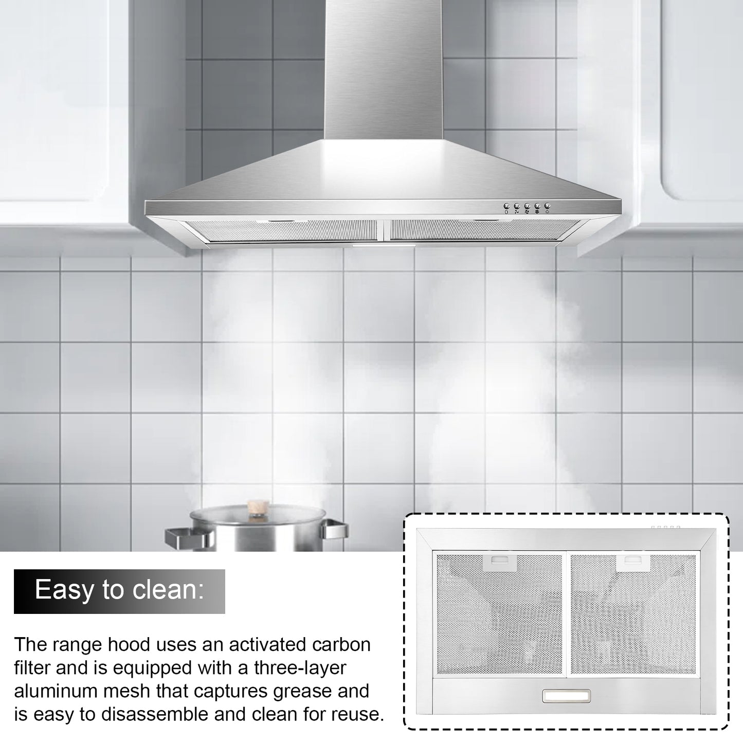 Three-Speed Range Hood 30 Inch Wall Mounted Range Hoods, Convertible Duct/Ductless Kitchen Hood, Max 450 Cfm, Black, Stainless Steel, Aluminum Filters, Led Light, Button Control Vent Hood (Silver)