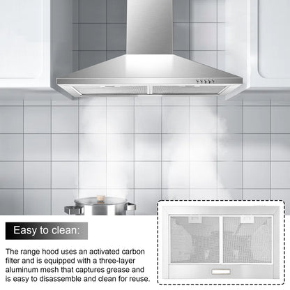 Three-Speed Range Hood 30 Inch Wall Mounted Range Hoods, Convertible Duct/Ductless Kitchen Hood, Max 450 Cfm, Black, Stainless Steel, Aluminum Filters, Led Light, Button Control Vent Hood (Silver)
