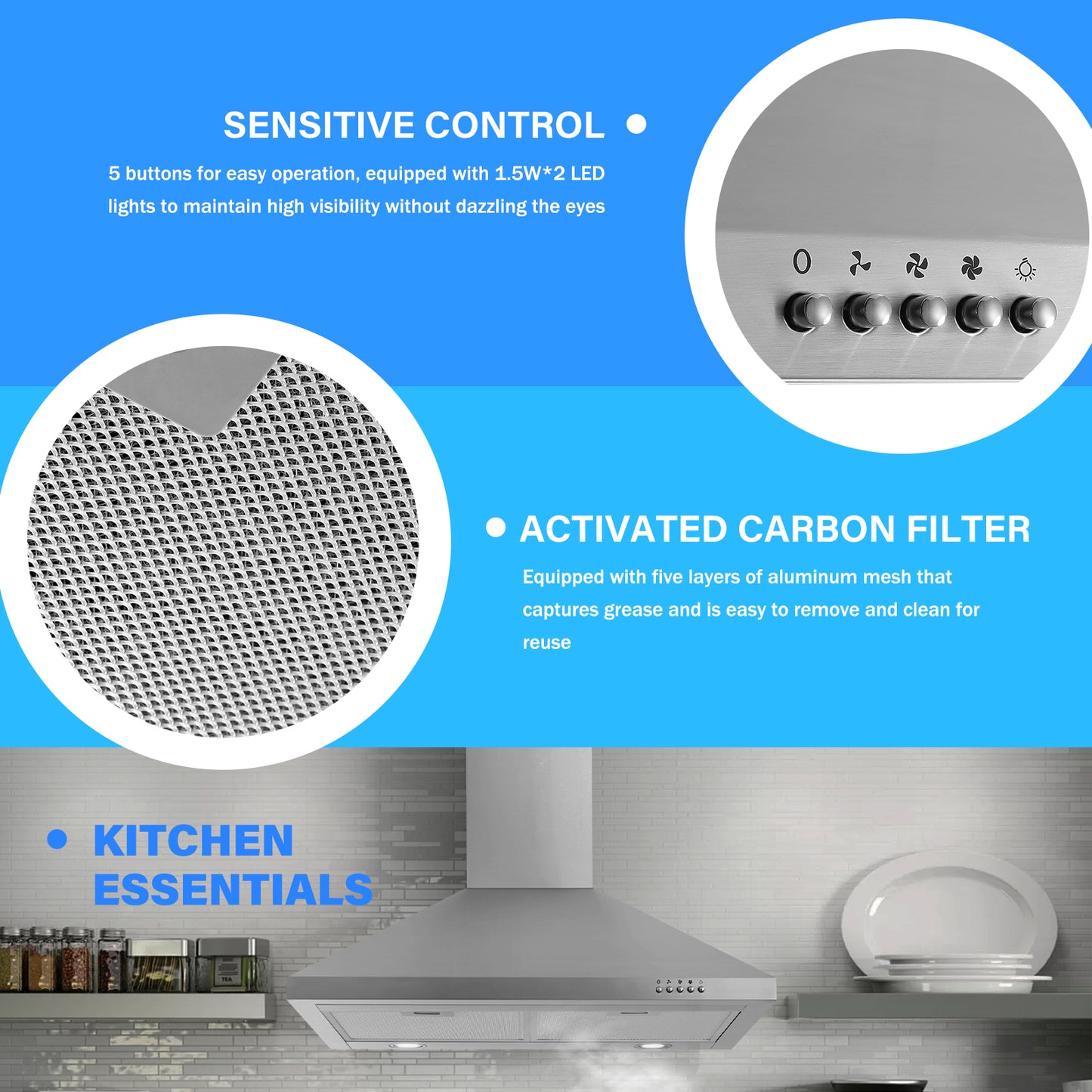 Stainless Steel 700 CFM Ducted (Vented) Wall Range Hood with Baffle Filter