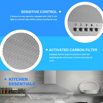 Stainless Steel 700 CFM Ducted (Vented) Wall Range Hood with Baffle Filter