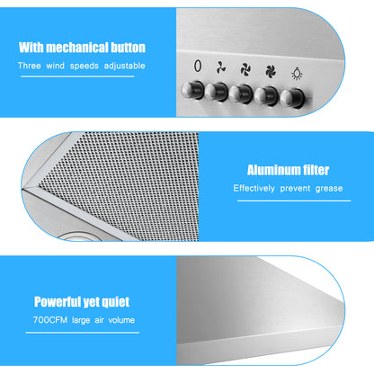 Stainless Steel 700 CFM Ducted (Vented) Wall Range Hood with Baffle Filter