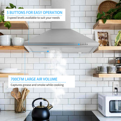 Stainless Steel 700 CFM Ducted (Vented) Wall Range Hood with Baffle Filter
