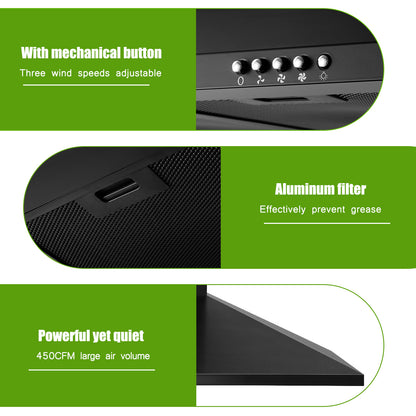 Stainless Steel 450 CFM Ducted (Vented) Wall Range Hood with Baffle Filter