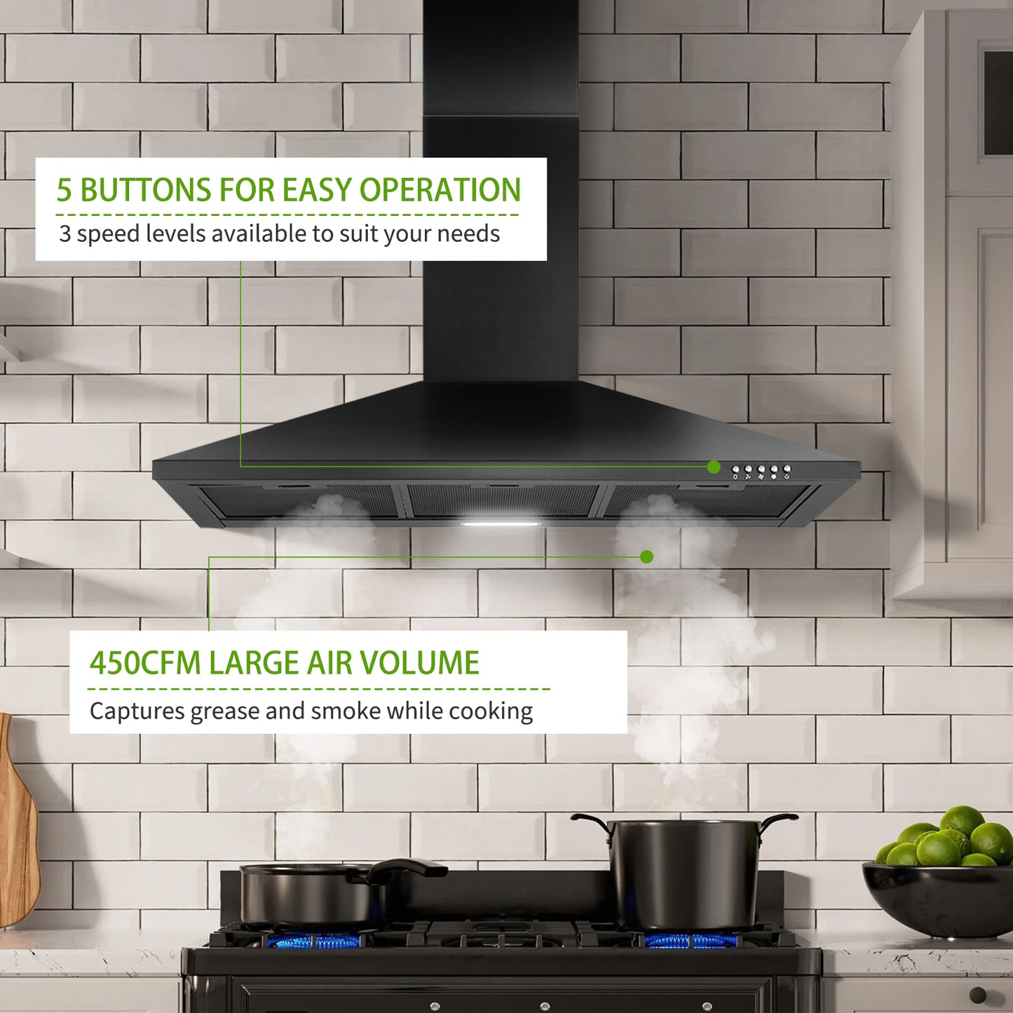 Stainless Steel 450 CFM Ducted (Vented) Wall Range Hood with Baffle Filter