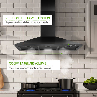 Stainless Steel 450 CFM Ducted (Vented) Wall Range Hood with Baffle Filter