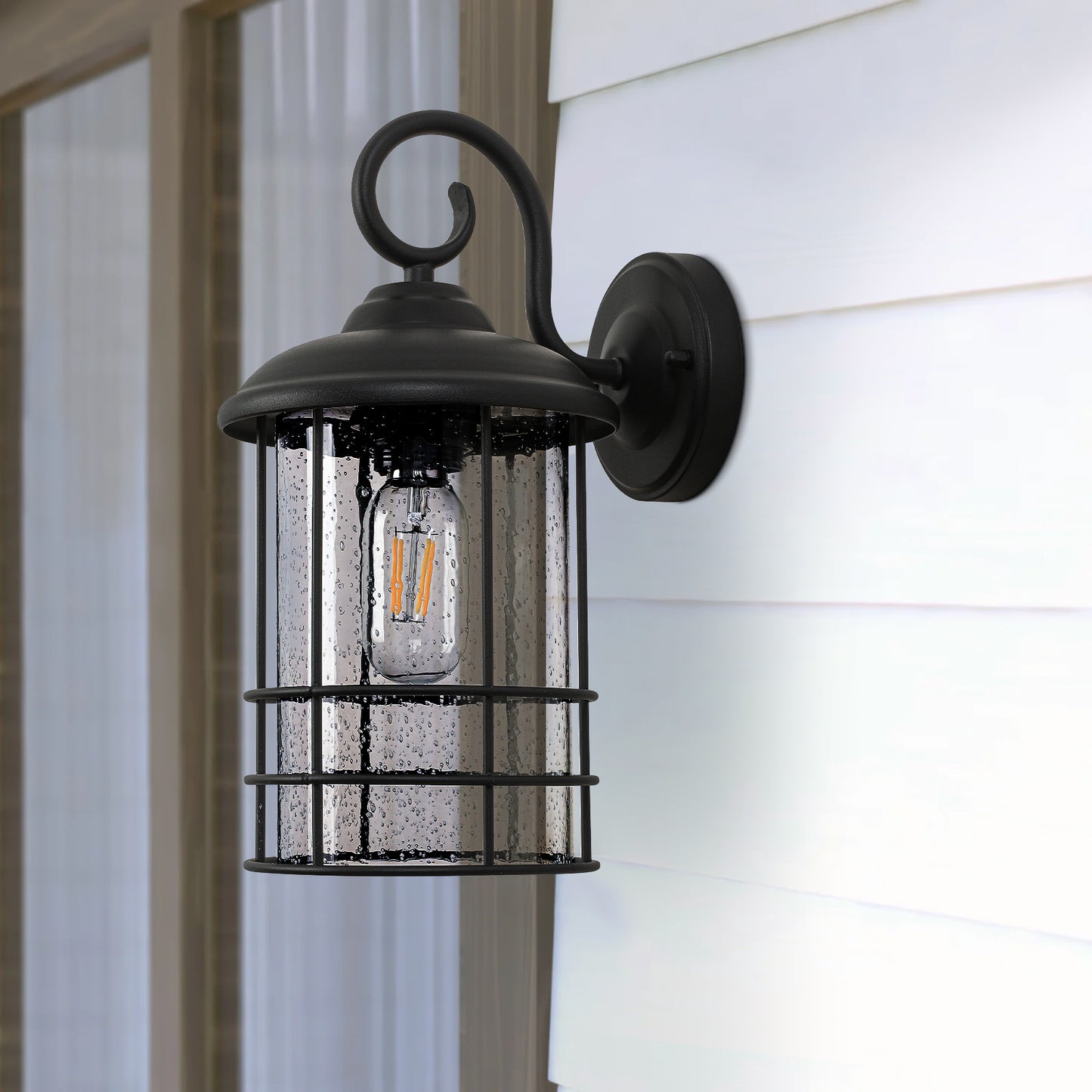 1-Light Textured Black not Motion Sensing Dusk to DaWn Outdoor HardWired Wall Lantern Sconce With LED