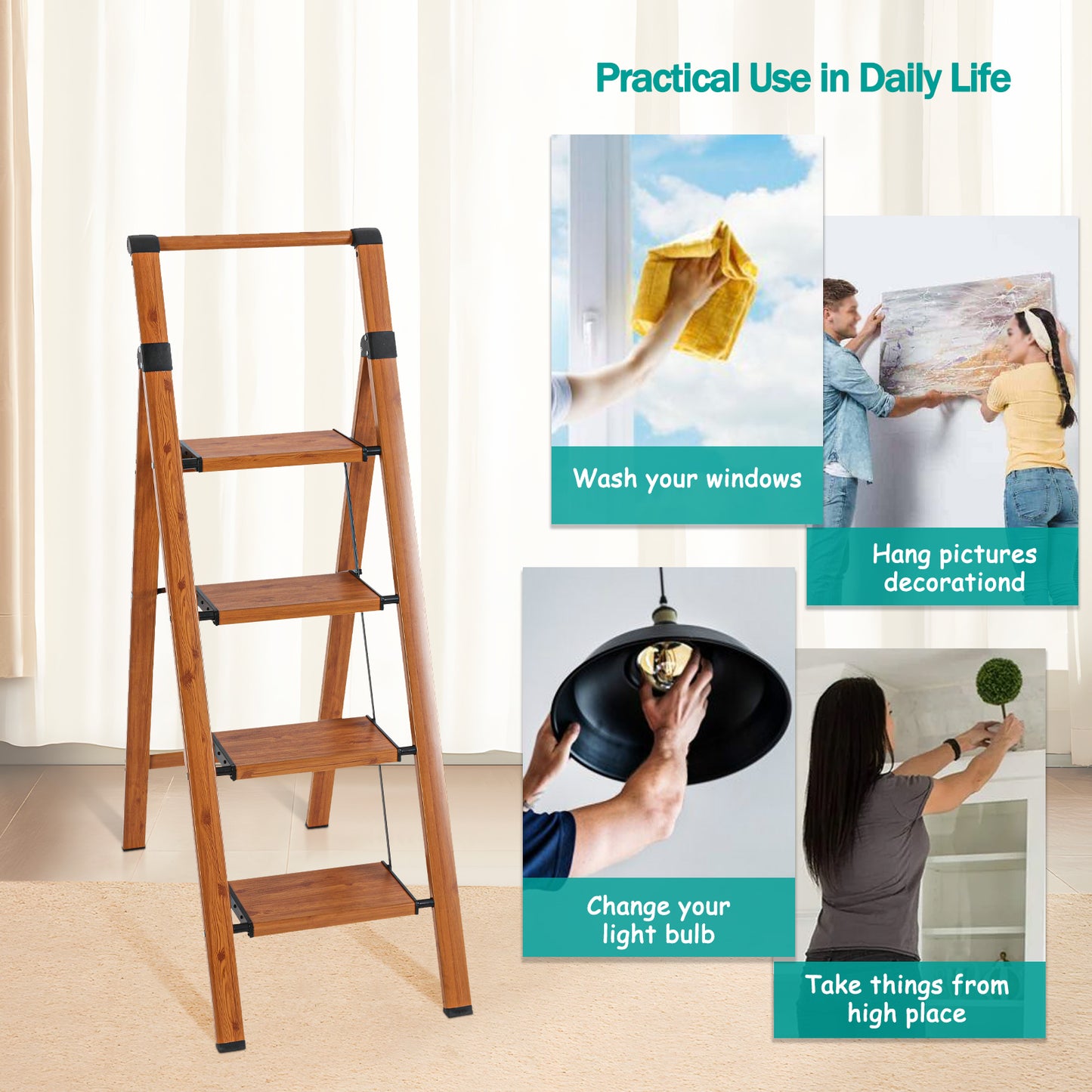 4-Step Aluminum Folding Step Stool Ladder 330 lbs. Load Capacity Type IA Duty Rating (5.48 ft. Reach Height), Wood GRain
